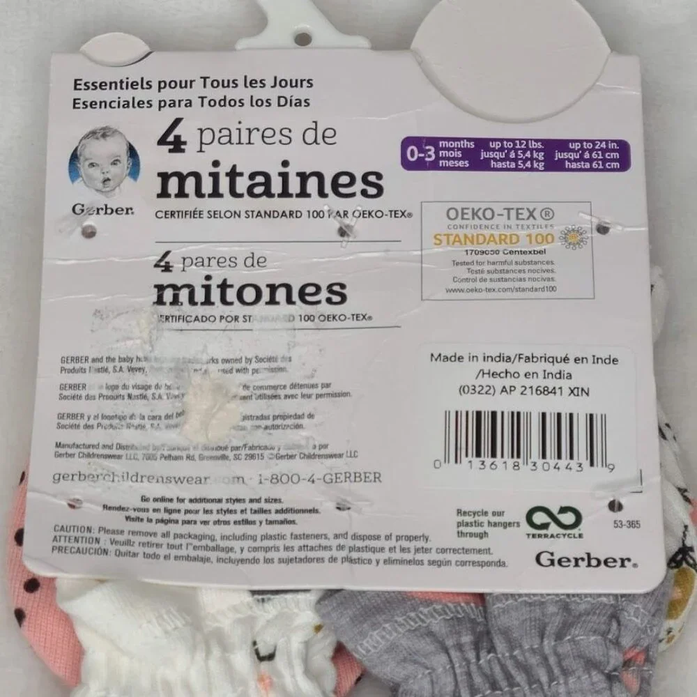 Gerber 4 Pack Baby Girl Mittens 0-3 Months New With Tags